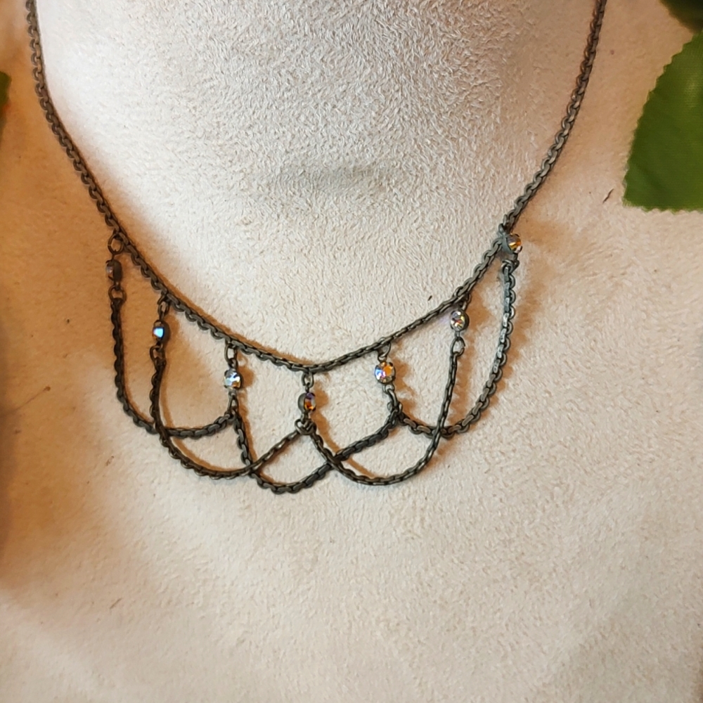 Pewter Tone Festoon Necklace with Iridescent Accents